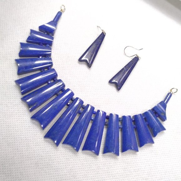 Lapis Lazuli Vintage Choker Necklace With Earrings, Stone Jewelry Set, Vintage - Picture 4 of 14